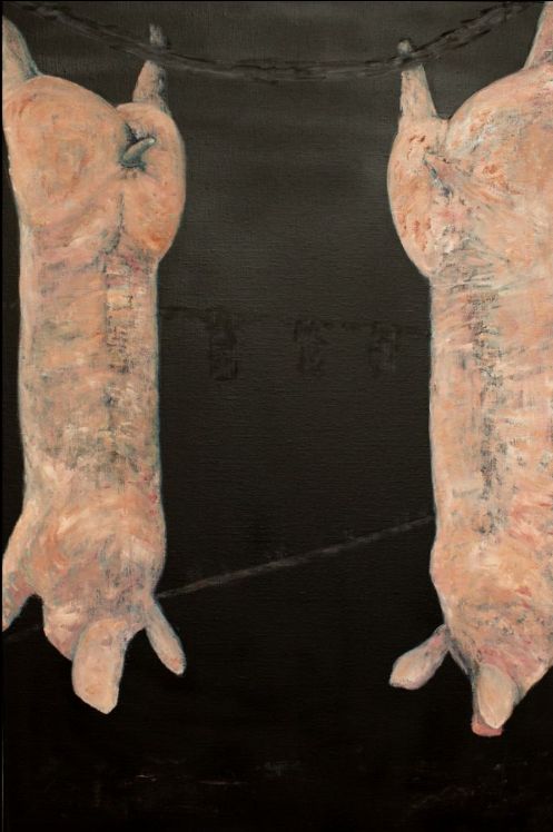 Painting "duo" by Belgian artist & painter Axel van Ickx - 2 slaughtered pigs hanging upside down in the slaughterhouse